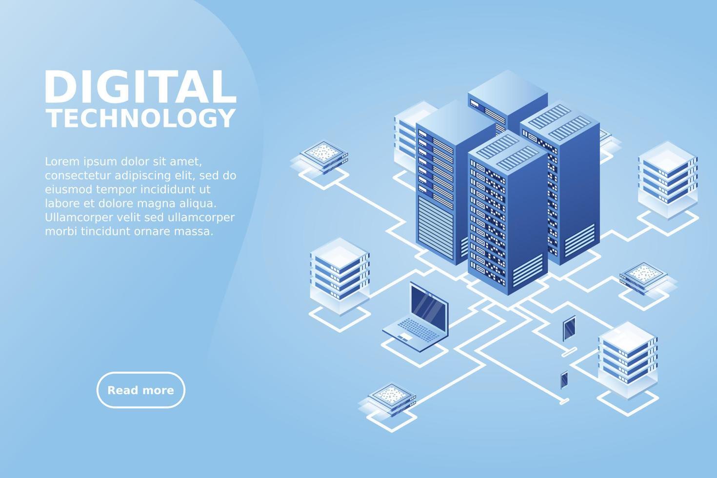 concepto de gestión de red de datos .mapa isométrico de vector con servidores de redes de negocios, computadoras y dispositivos