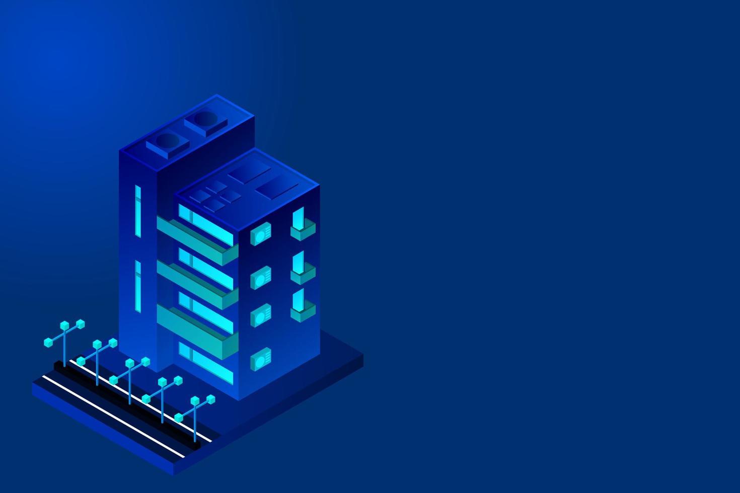 Smart city or intelligent building isometric vector concept. Modern smart city urban planning and development infrastructure buildings