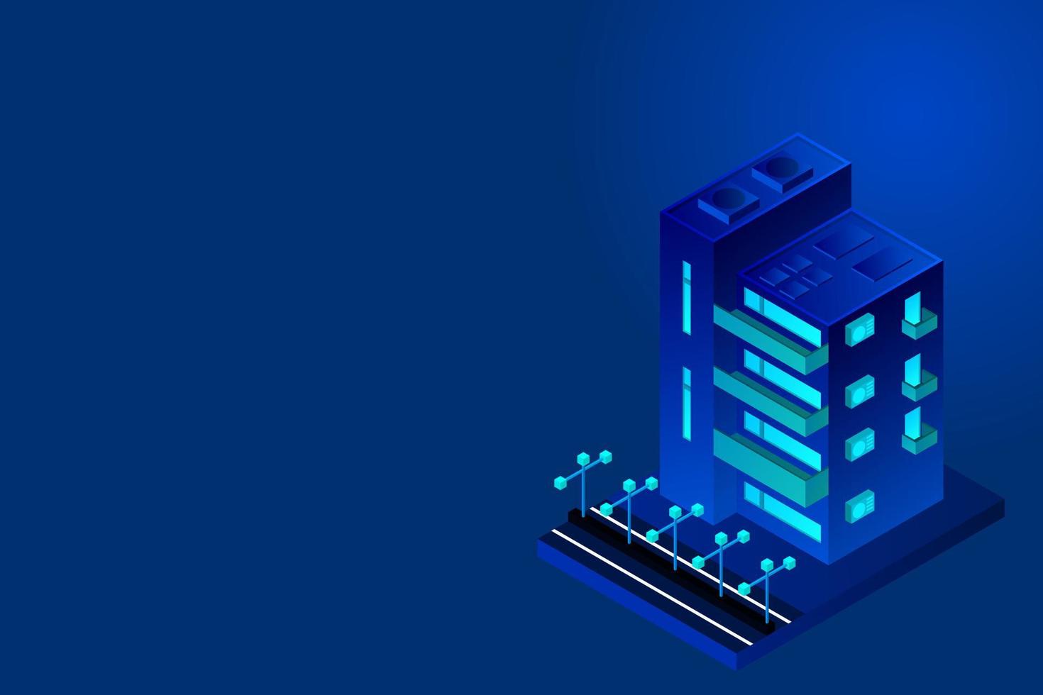 Smart city or intelligent building isometric vector concept. Modern smart city urban planning and development infrastructure buildings