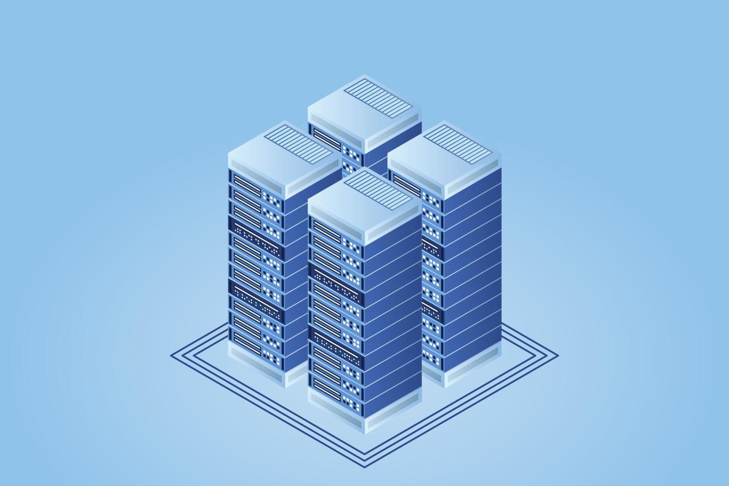 Server room isometric vector, futuristic technology of data protection and processing vector