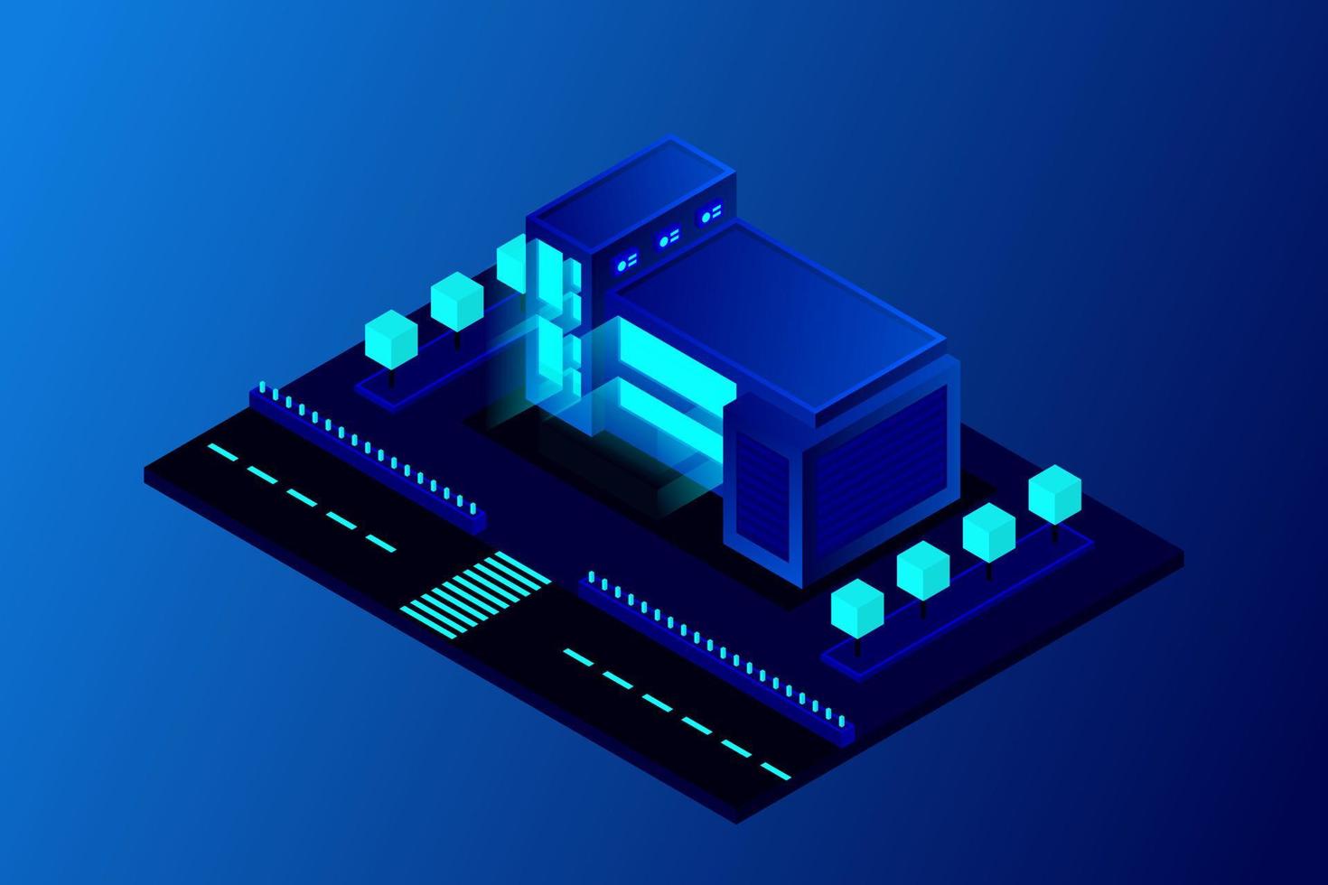 Smart city or intelligent building isometric vector concept. Modern smart city urban planning and development infrastructure buildings