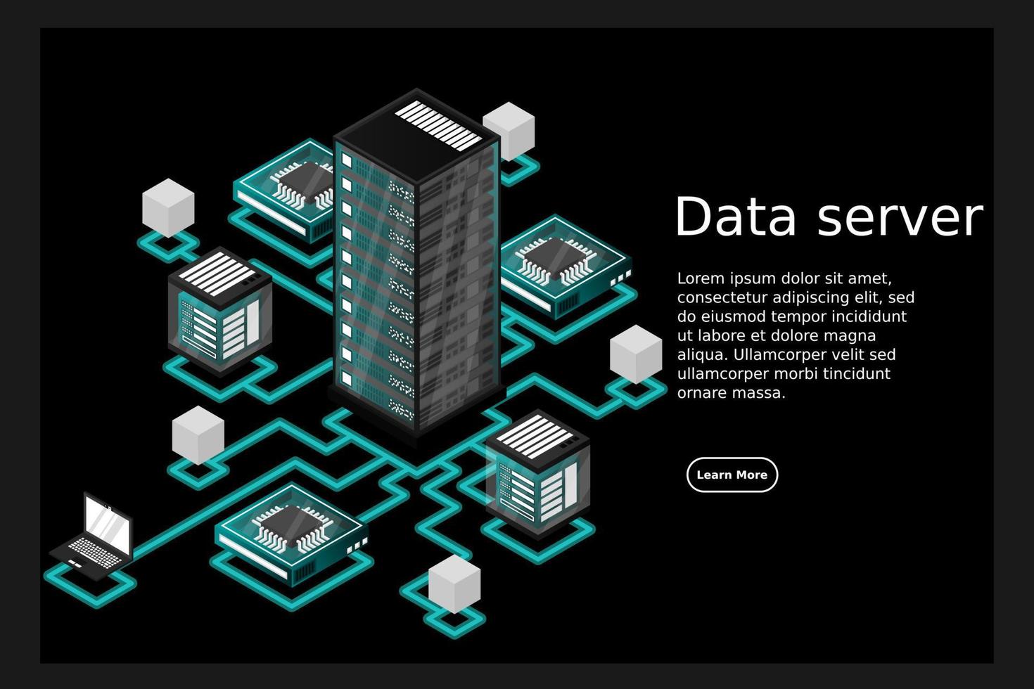 concepto de gestión de red de datos .mapa isométrico de vector con servidores de redes de negocios, computadoras y dispositivos