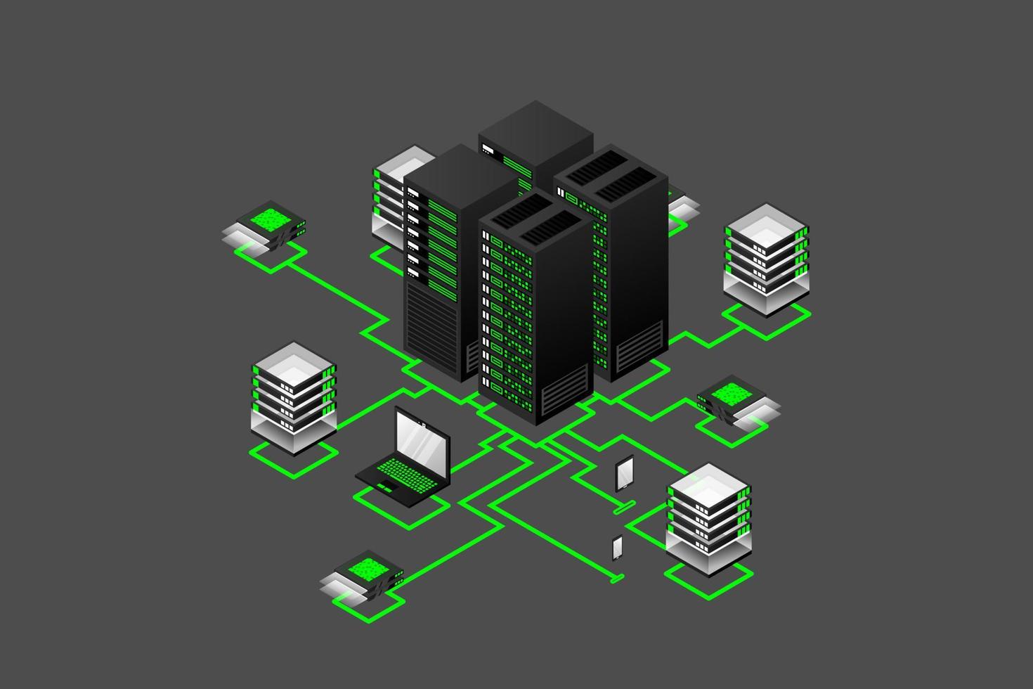 Concept of data network management .Vector isometric map with business networking servers computers and devices vector