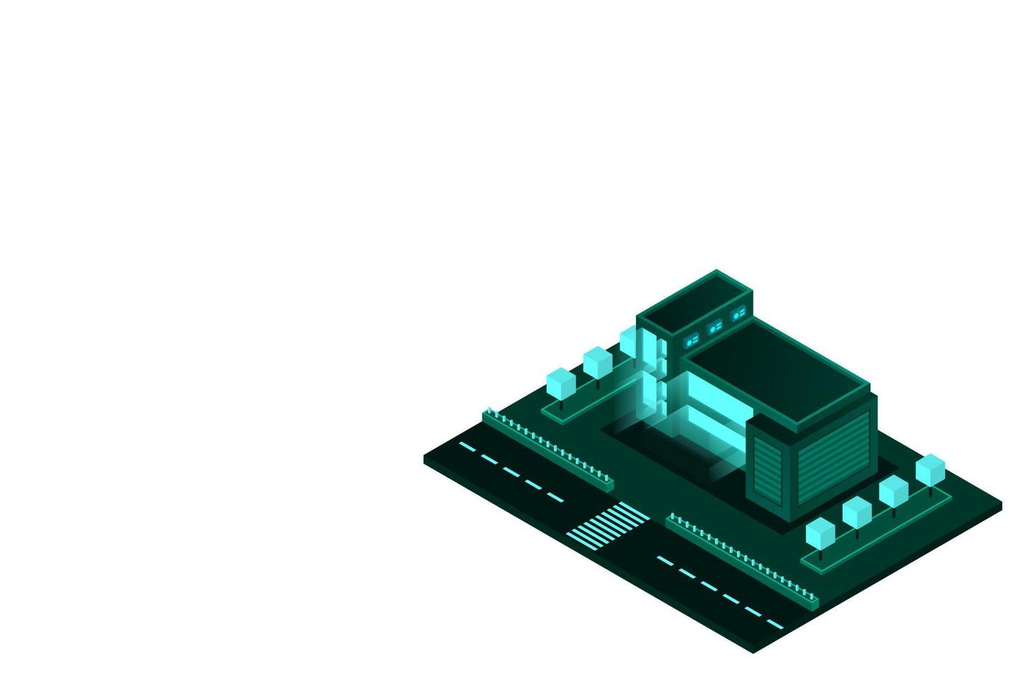 Smart city or intelligent building isometric vector concept. Modern smart city urban planning and development infrastructure buildings