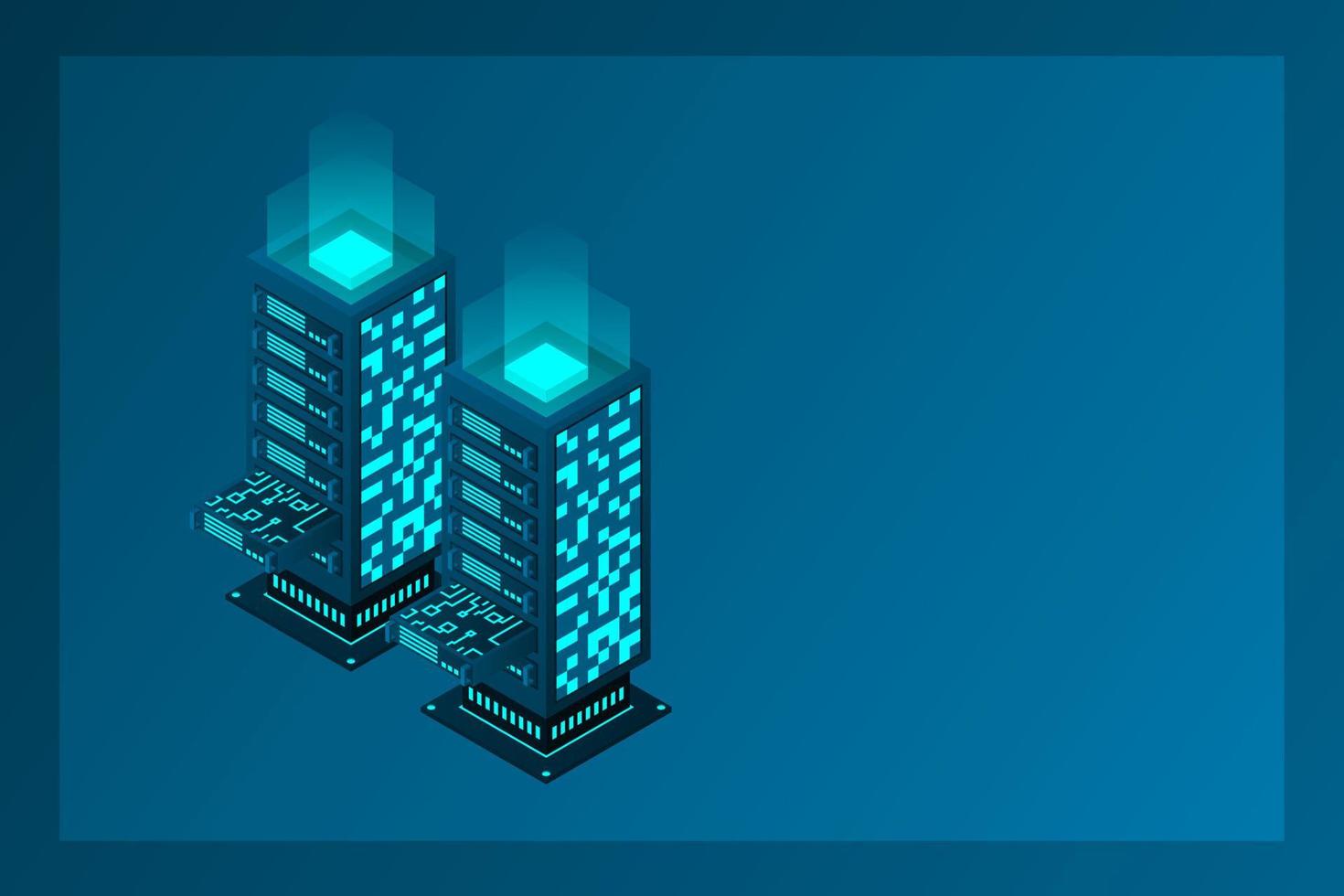Datacenter isometric vector illustration. Abstract 3d hosting server or data center room background