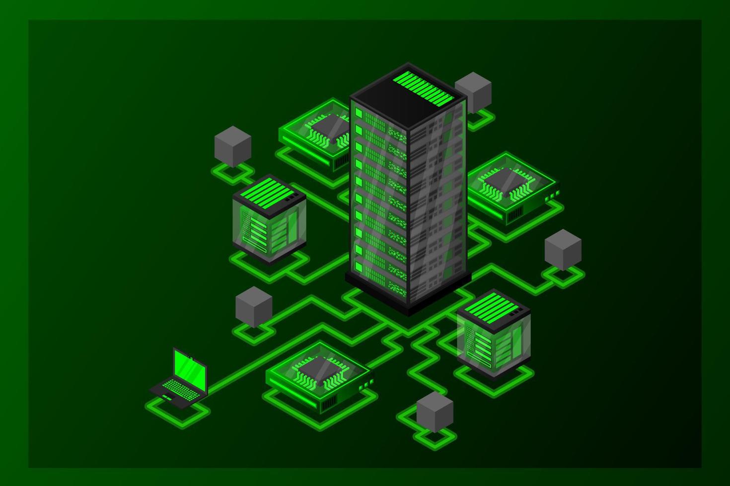 Concept of data network management .Vector isometric map with business networking servers computers and devices vector