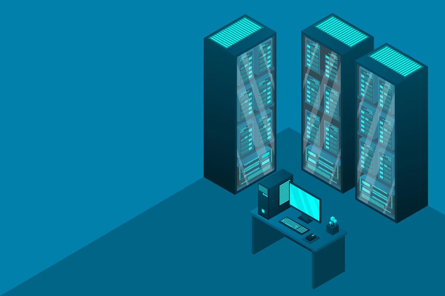 Web hosting and big data processing, server room rack vector