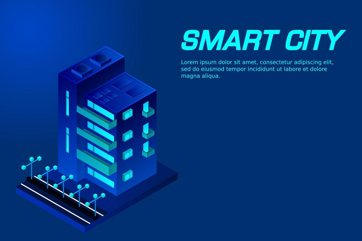 Smart city or intelligent building isometric vector concept. Modern smart city urban planning and development infrastructure buildings