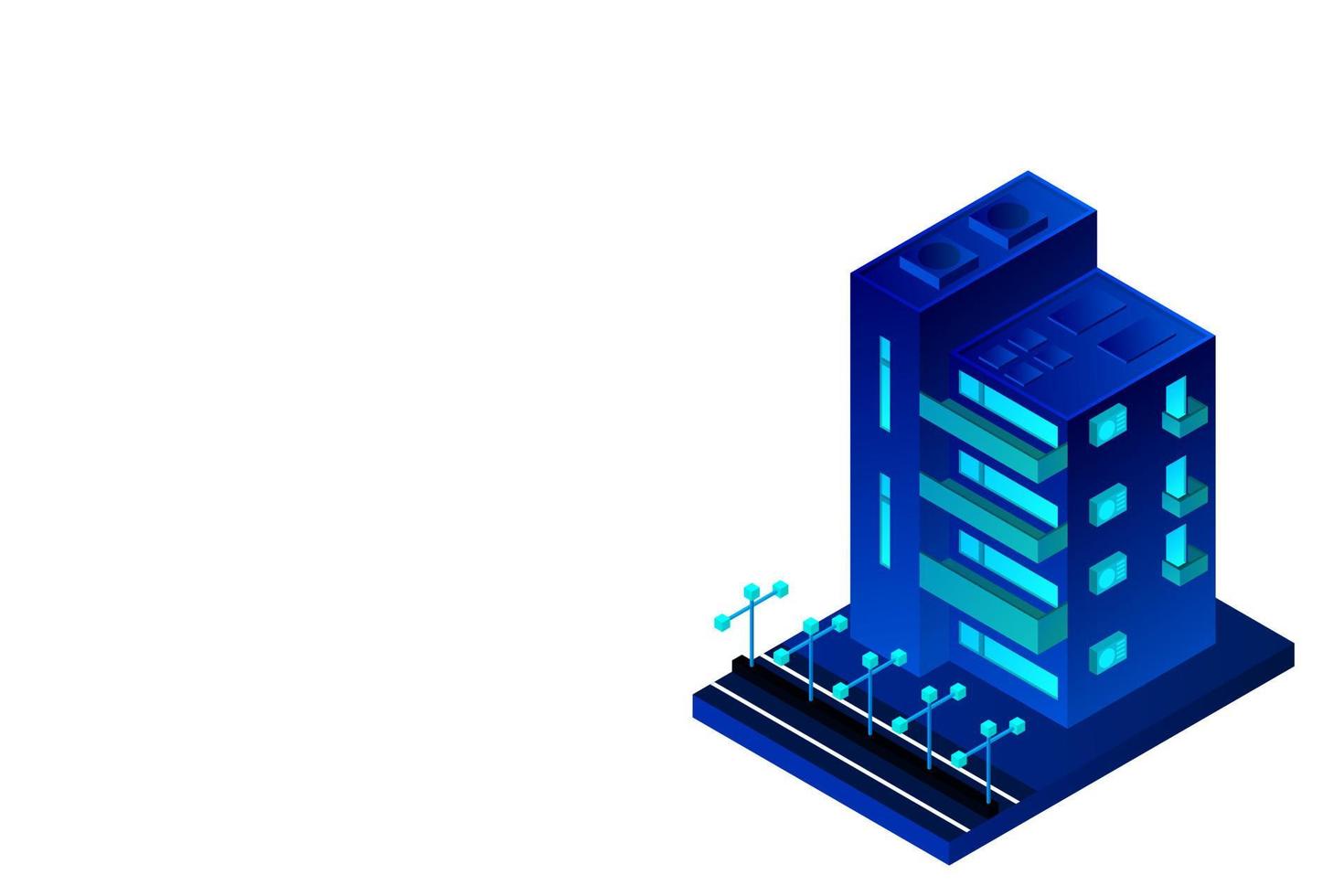 Smart city or intelligent building isometric vector concept. Modern smart city urban planning and development infrastructure buildings