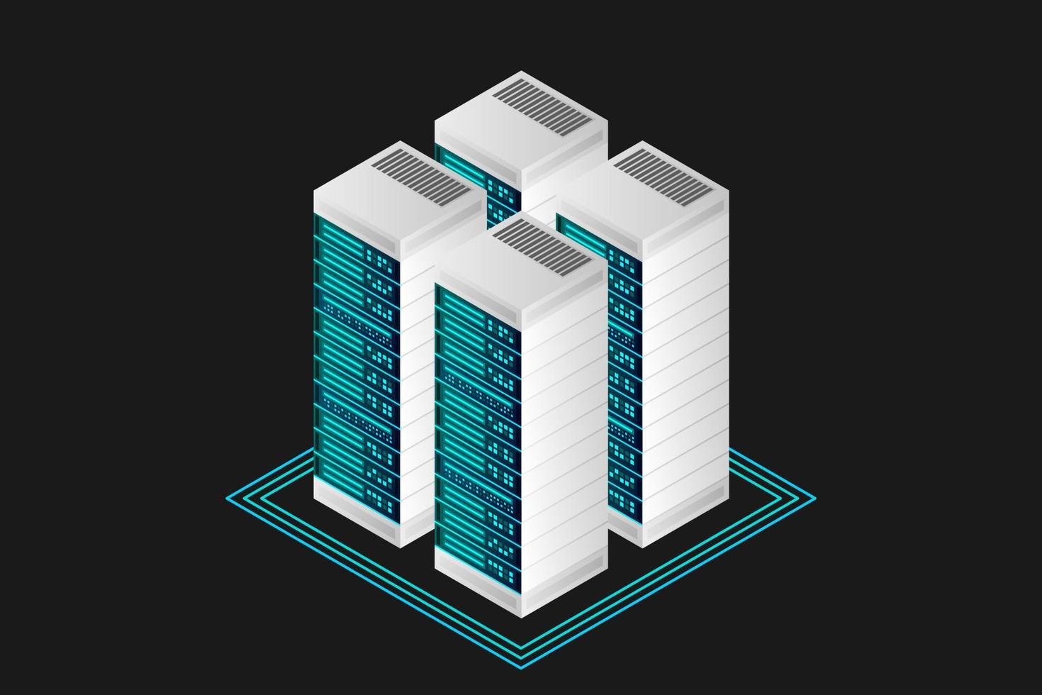 Server room isometric vector, futuristic technology of data protection and processing vector