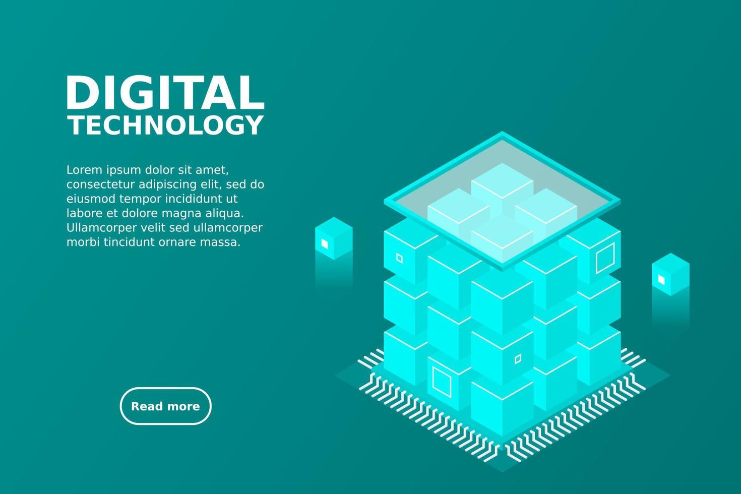 Banner de web de tecnología digital isométrica. algoritmos de aprendizaje automático de big data. análisis e información vector