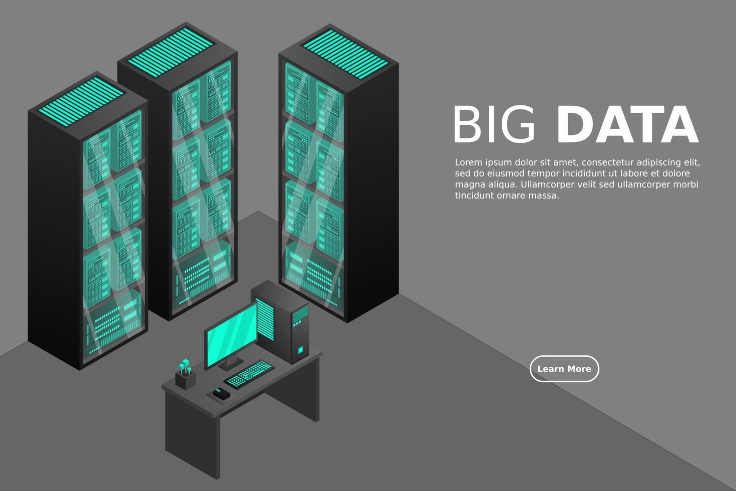 Web hosting and big data processing, server room rack vector