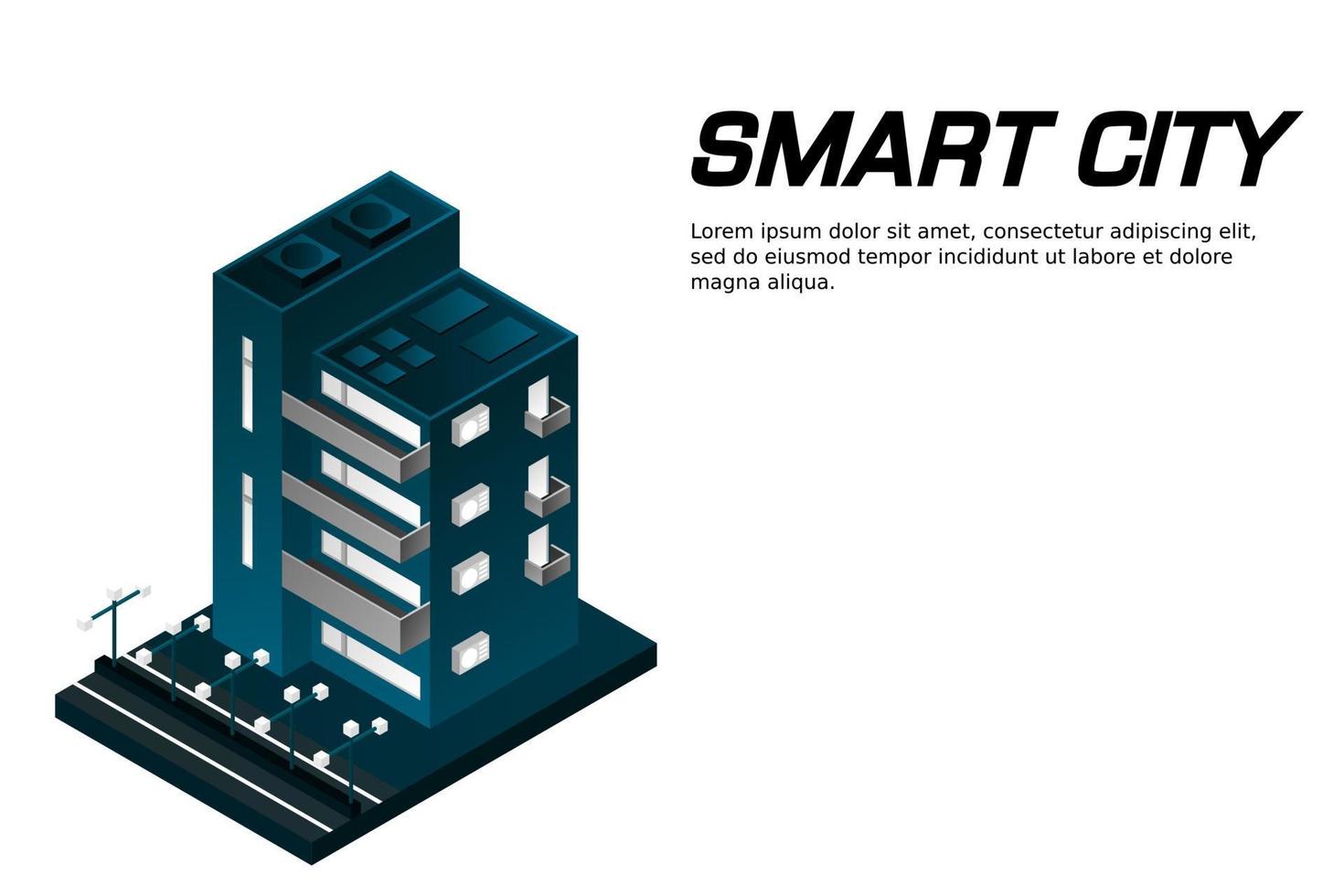 ciudad inteligente o concepto de vector isométrico de edificio inteligente. Edificios de infraestructura de desarrollo y planificación urbana de ciudad inteligente moderna