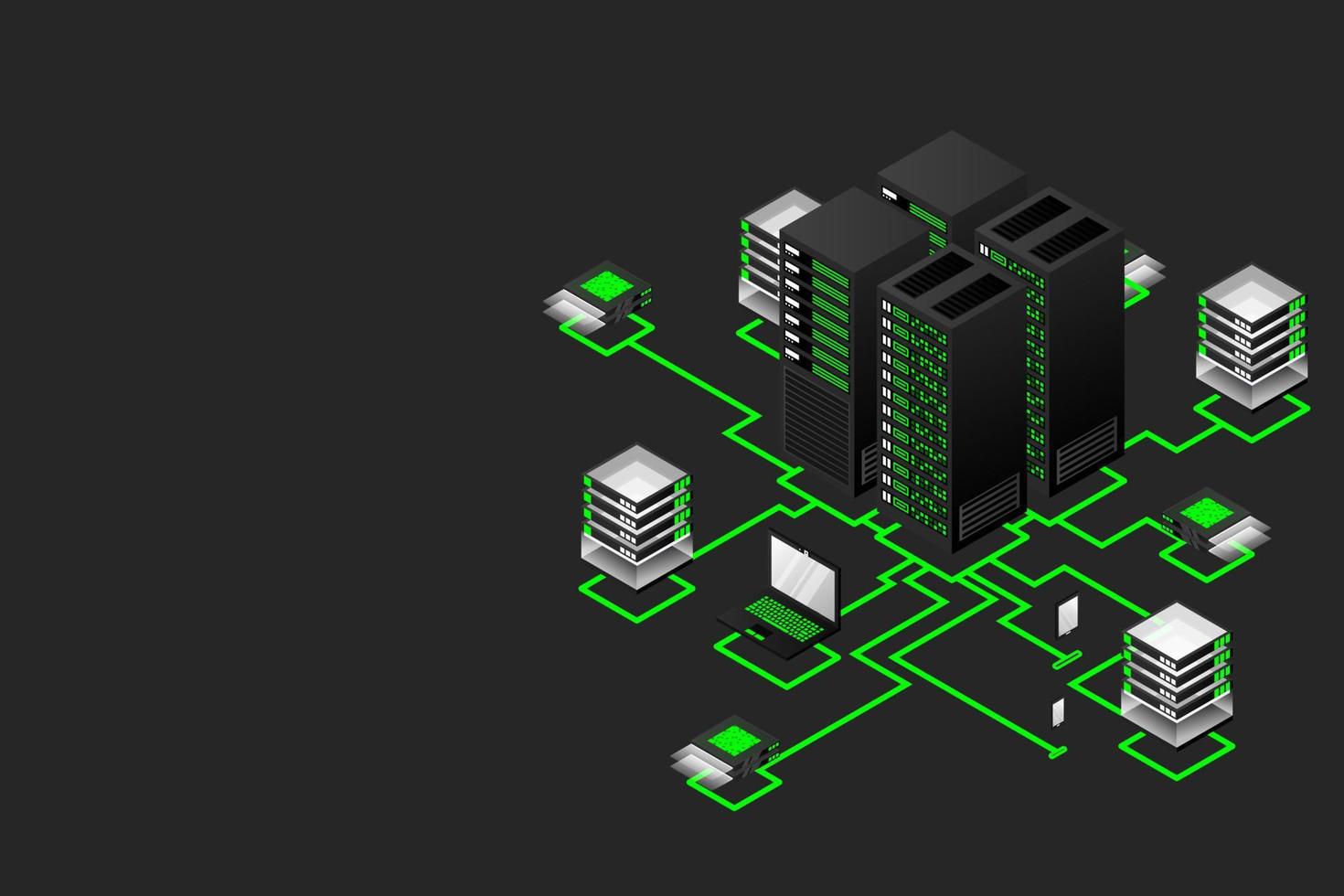 concepto de gestión de red de datos .mapa isométrico de vector con servidores de redes de negocios, computadoras y dispositivos