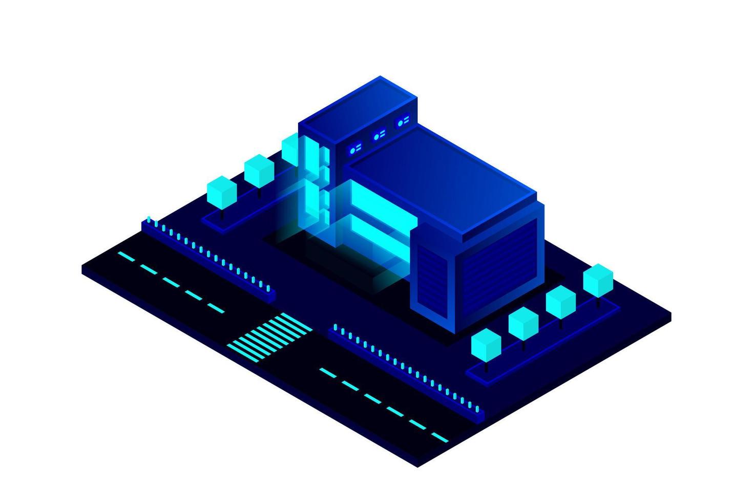 Smart city or intelligent building isometric vector concept. Modern smart city urban planning and development infrastructure buildings