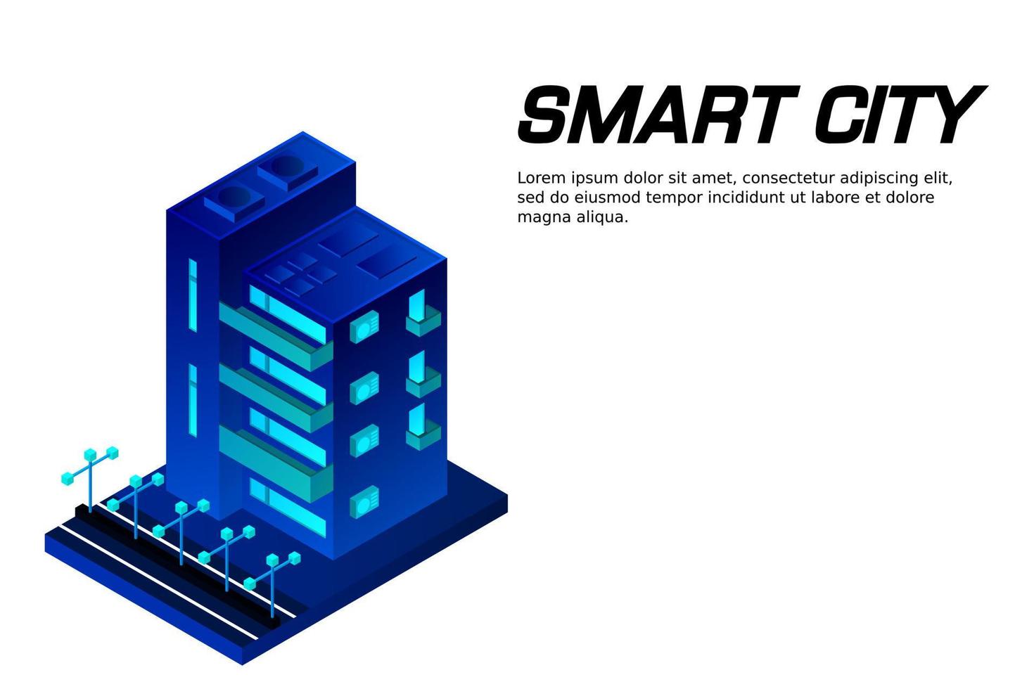 Smart city or intelligent building isometric vector concept. Modern smart city urban planning and development infrastructure buildings