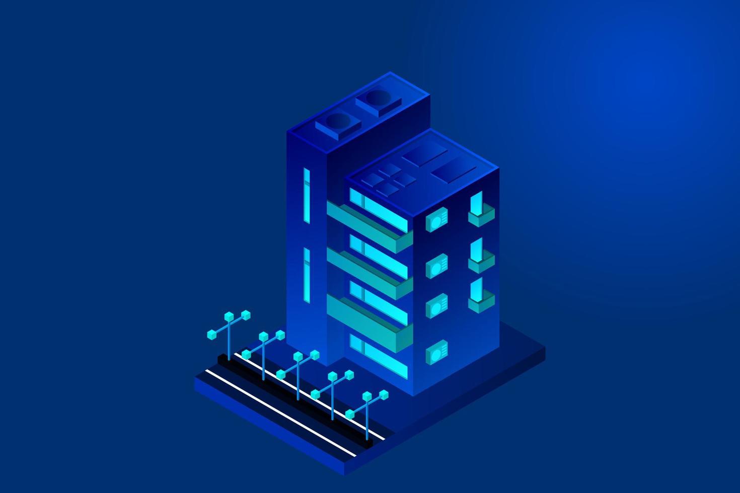 ciudad inteligente o concepto de vector isométrico de edificio inteligente. Edificios de infraestructura de desarrollo y planificación urbana de ciudad inteligente moderna