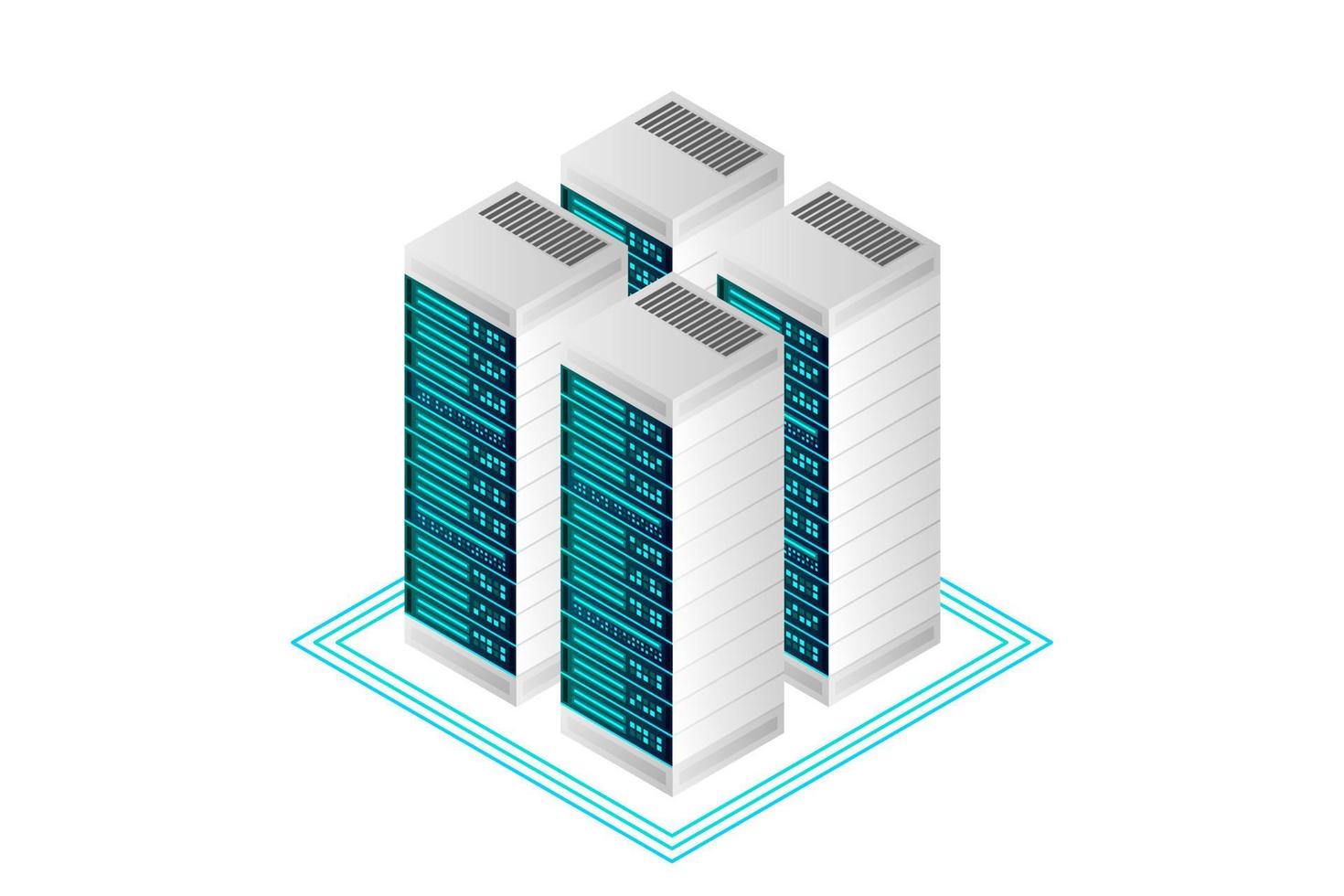 Server room isometric vector, futuristic technology of data protection and processing vector