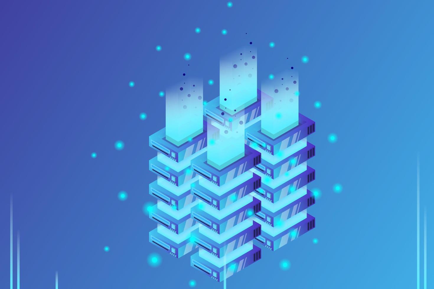 Server room isometric vector, futuristic technology of data protection and processing vector
