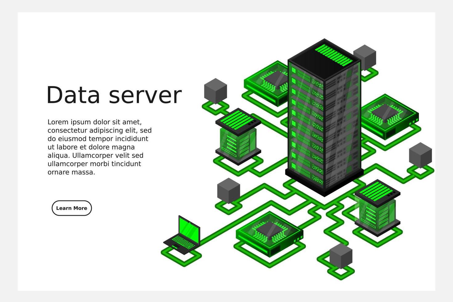 concepto de gestión de red de datos .mapa isométrico de vector con servidores de redes de negocios, computadoras y dispositivos