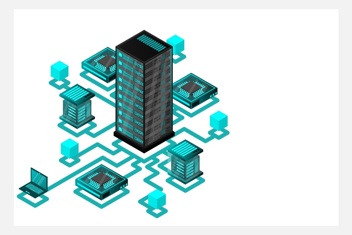 concepto de gestión de red de datos .mapa isométrico de vector con servidores de redes de negocios, computadoras y dispositivos