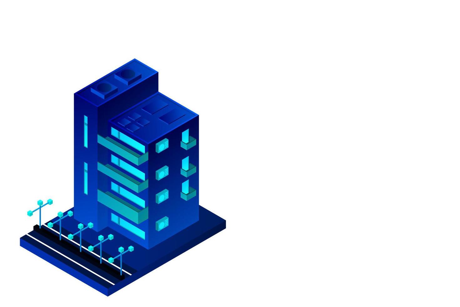 Smart city or intelligent building isometric vector concept. Modern smart city urban planning and development infrastructure buildings