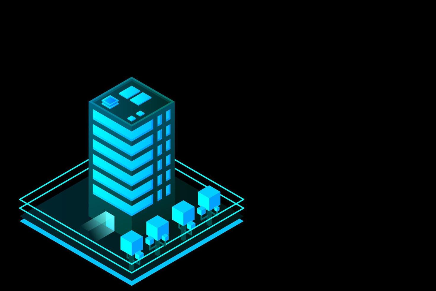 Smart city or intelligent building isometric vector concept. Modern smart city urban planning and development infrastructure buildings