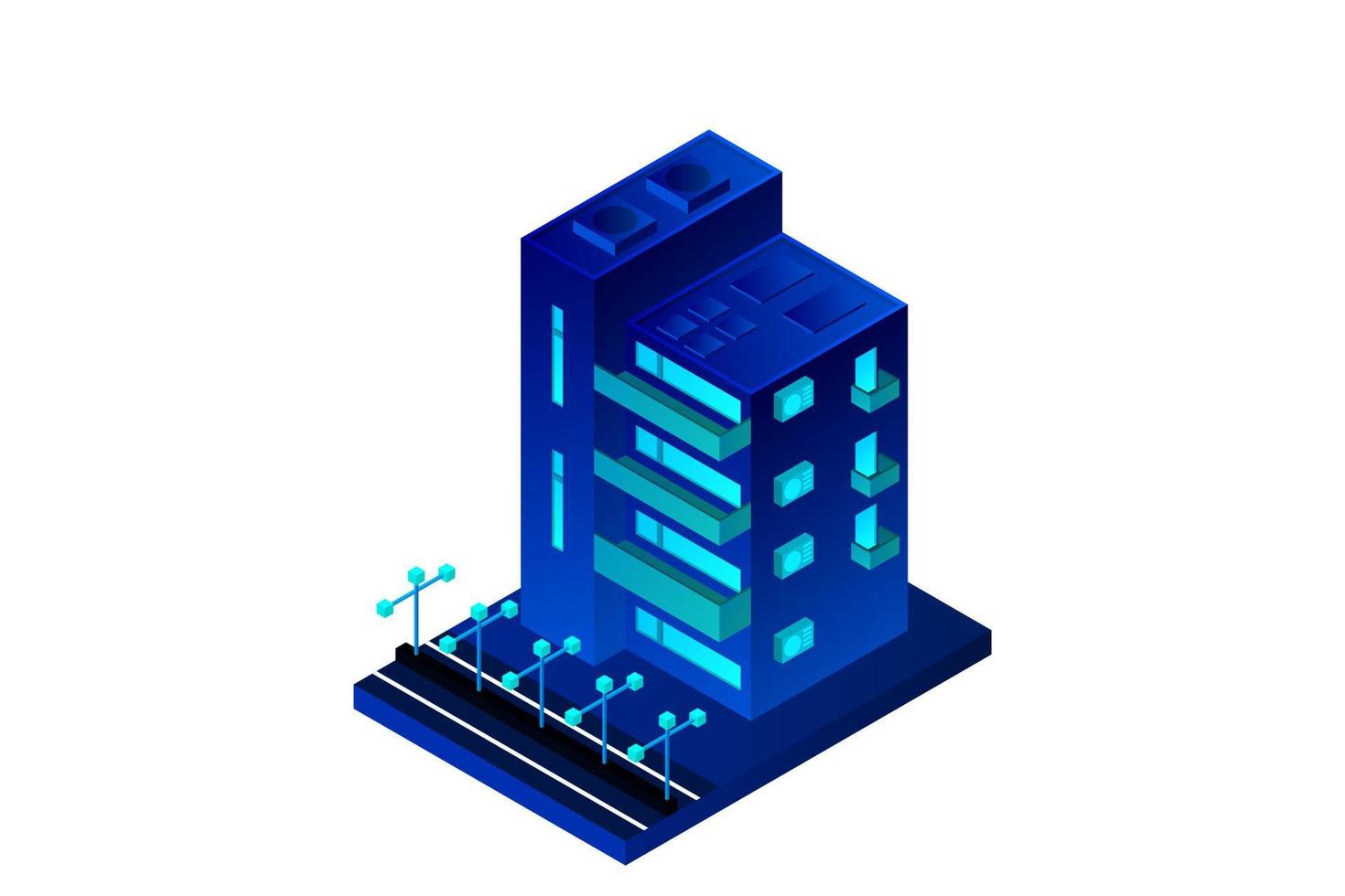 ciudad inteligente o concepto de vector isométrico de edificio inteligente. Edificios de infraestructura de desarrollo y planificación urbana de ciudad inteligente moderna