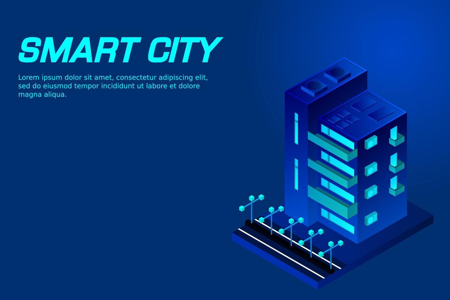 Smart city or intelligent building isometric vector concept. Modern smart city urban planning and development infrastructure buildings