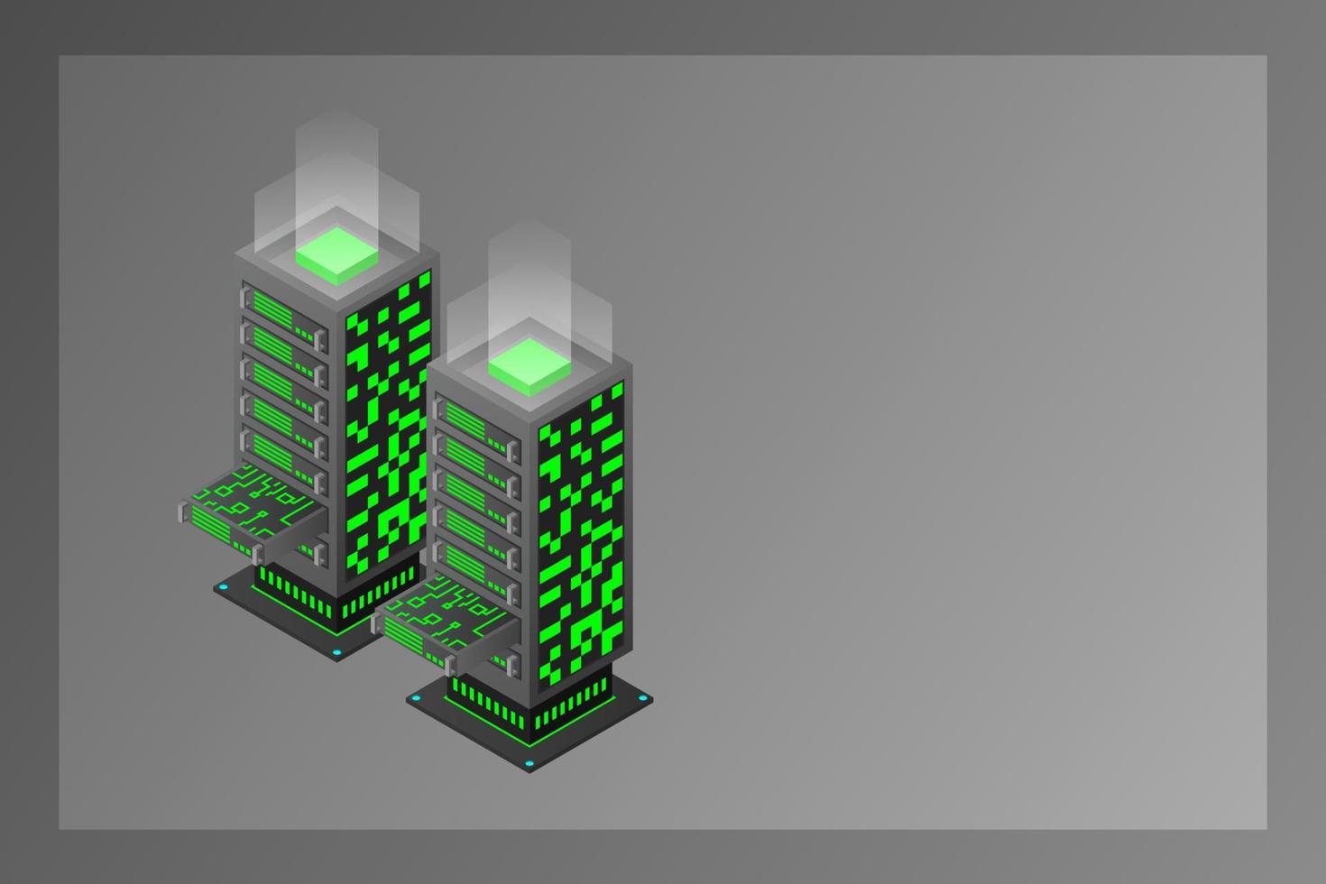 ilustración vectorial isométrica del centro de datos. Servidor de alojamiento 3d abstracto o fondo de la sala del centro de datos vector