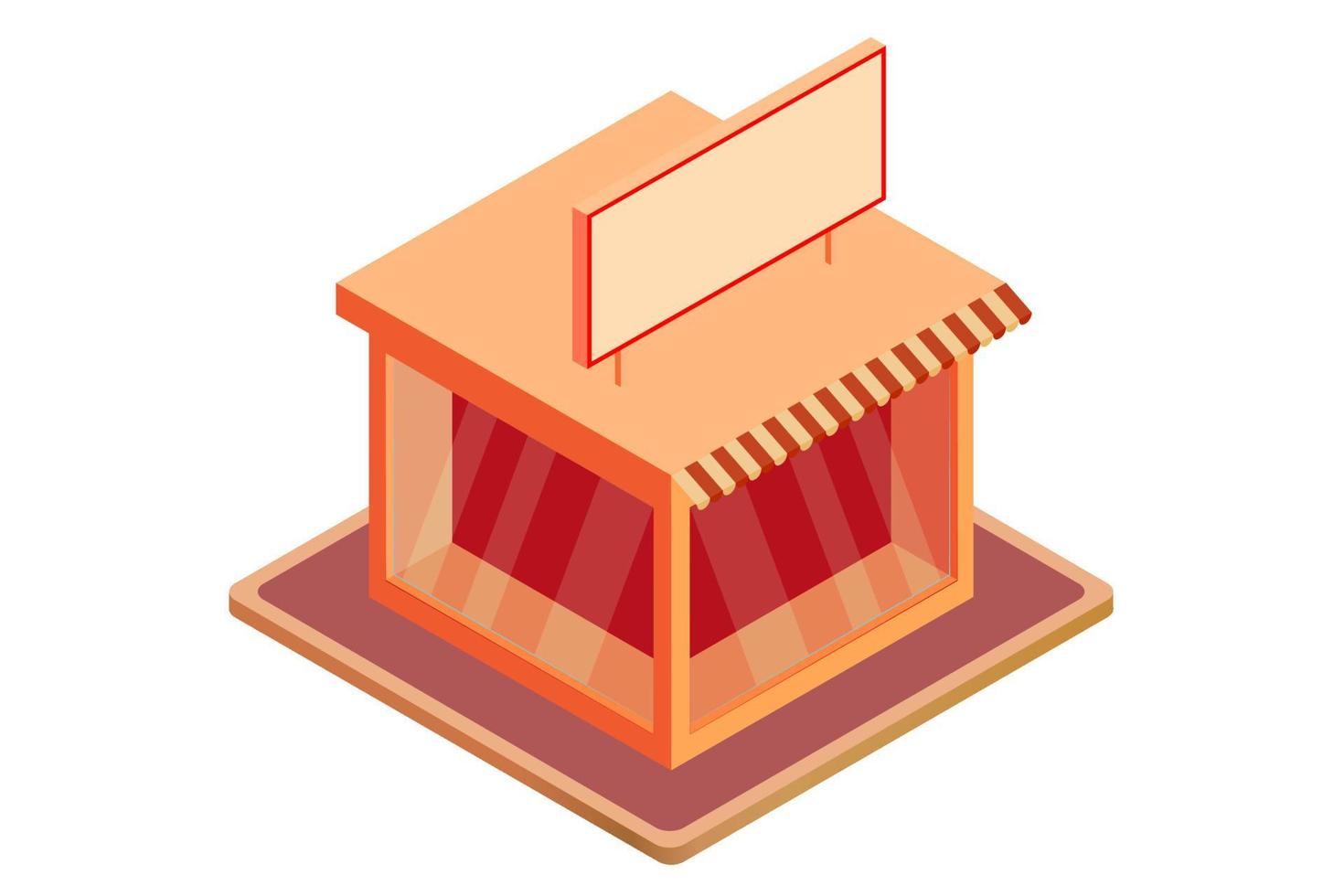 isométrica, ilustración de la tienda de representación 3d. Ilustración de tienda de vector isométrico en color naranja y rojo. icono de edificio de tienda aislado sobre fondo blanco.