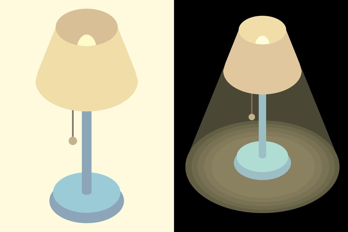 Ilustración isométrica de la lámpara de mesa. Bombilla de noche representación 3d aislada con caída de luz. vector