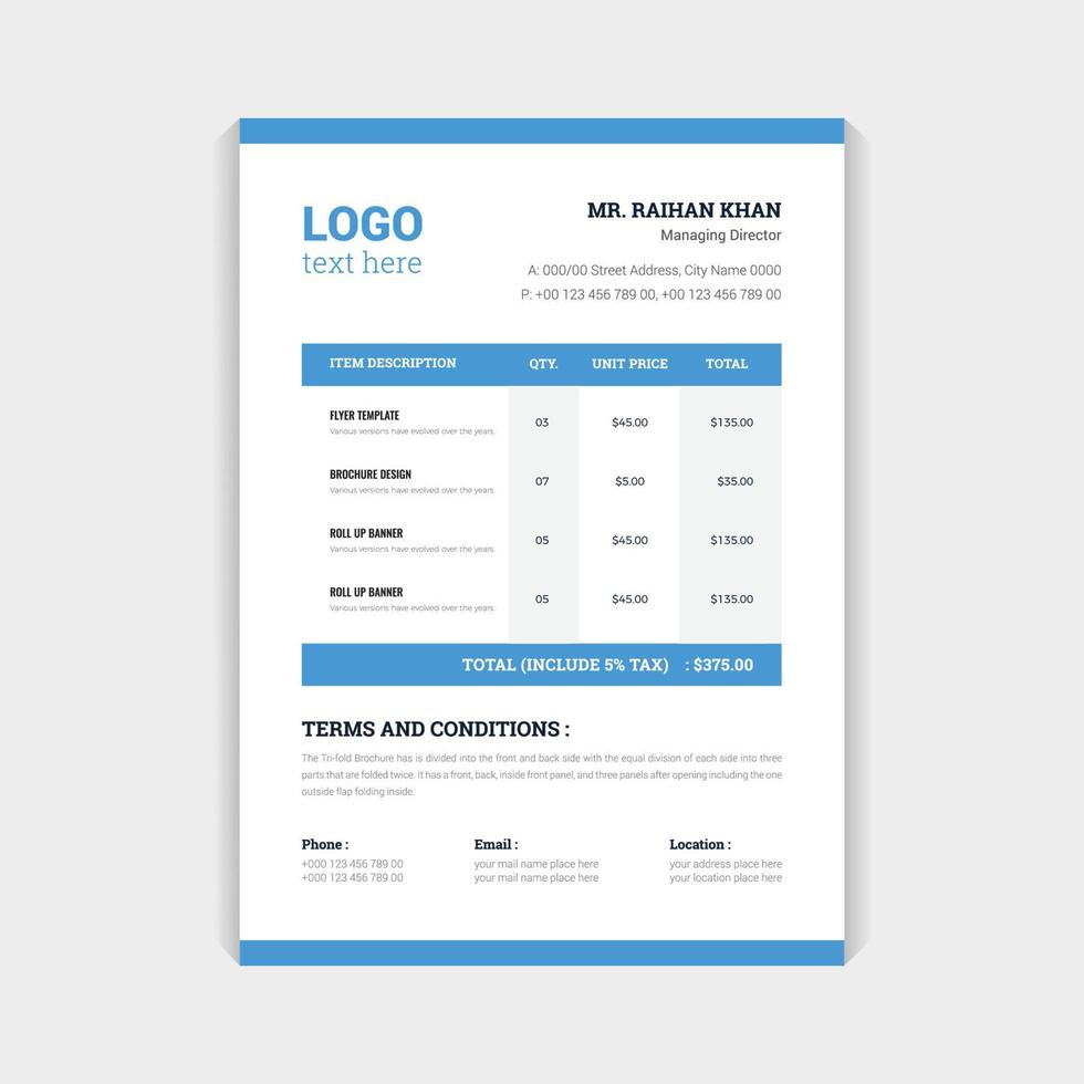 Colorful Invoice Design template. corporate abstract pricing table sheet design layout vector