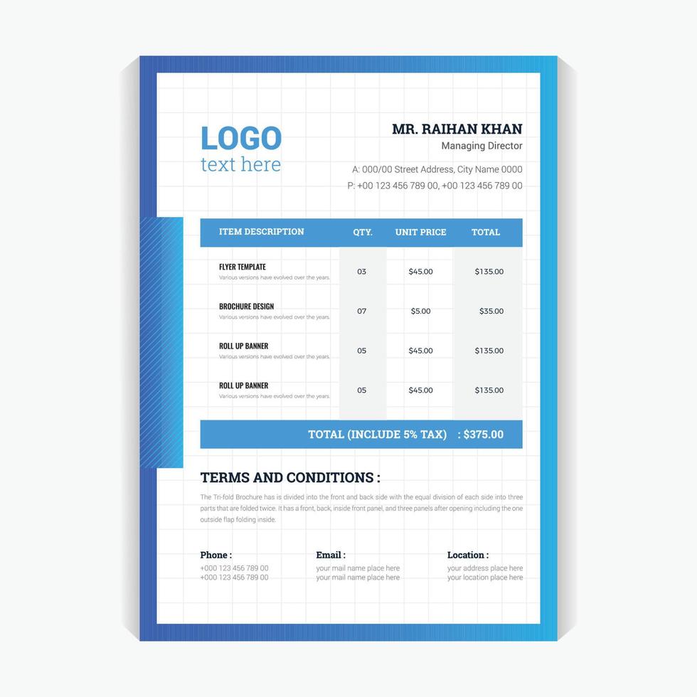 Colorful Invoice Design template. corporate abstract pricing table sheet design layout vector