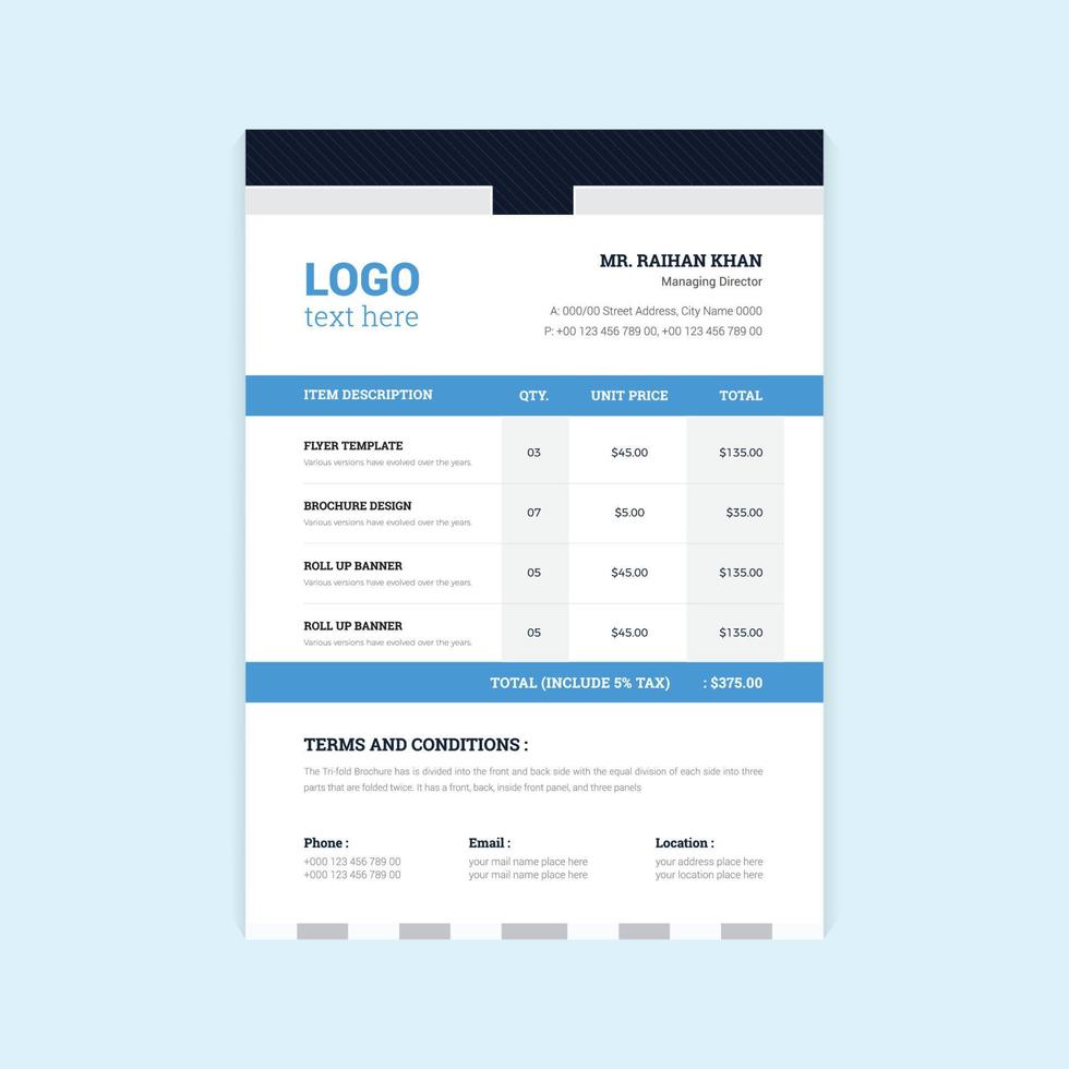 Colorful Invoice Design template. corporate abstract pricing table sheet design layout vector