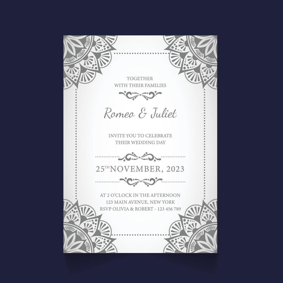 plantilla de diseño de tarjeta de invitación de boda. tipos de plegado de doble cara con mandala floral de lujo vector