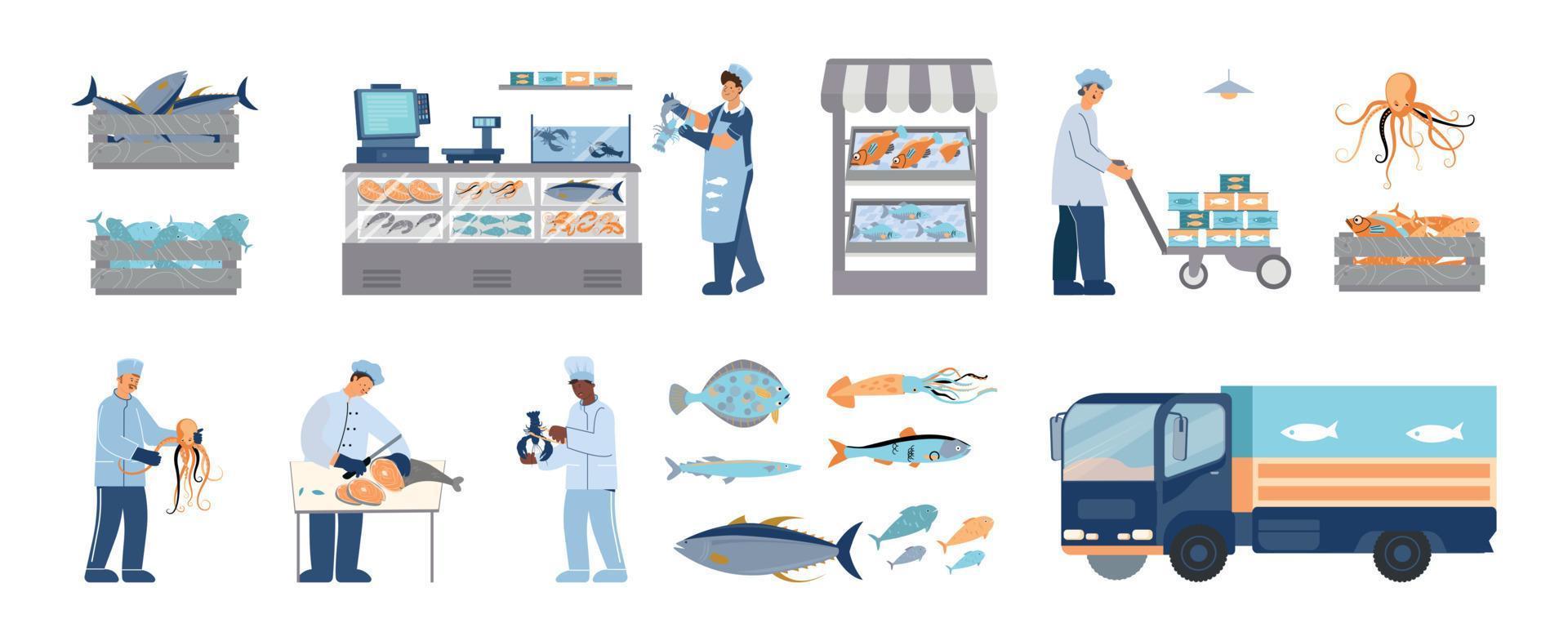 Seafood Market Flat Set vector