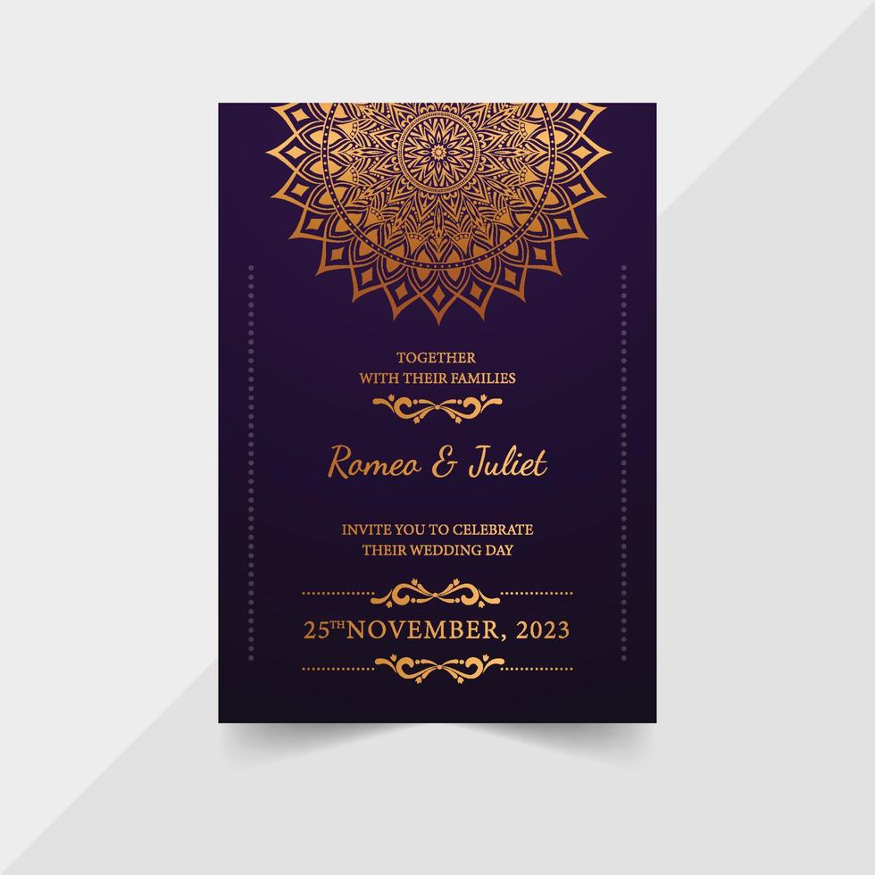 plantilla de diseño de tarjeta de invitación de boda. tipos de plegado de doble cara con mandala floral de lujo vector