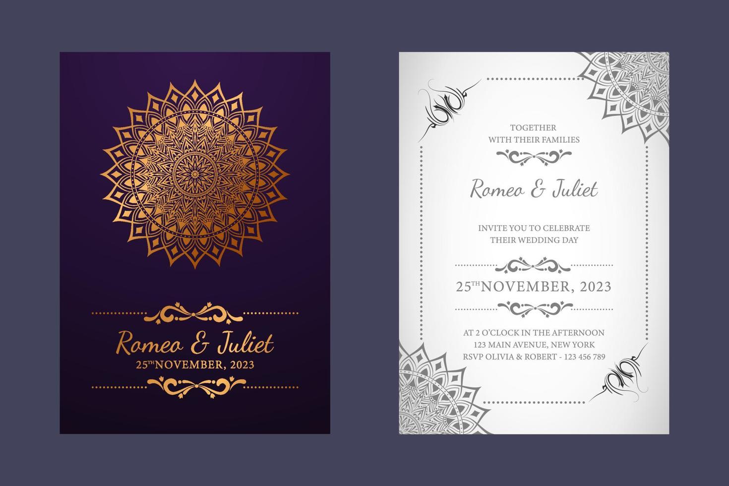 plantilla de diseño de tarjeta de invitación de boda. tipos de plegado de doble cara con mandala floral de lujo vector