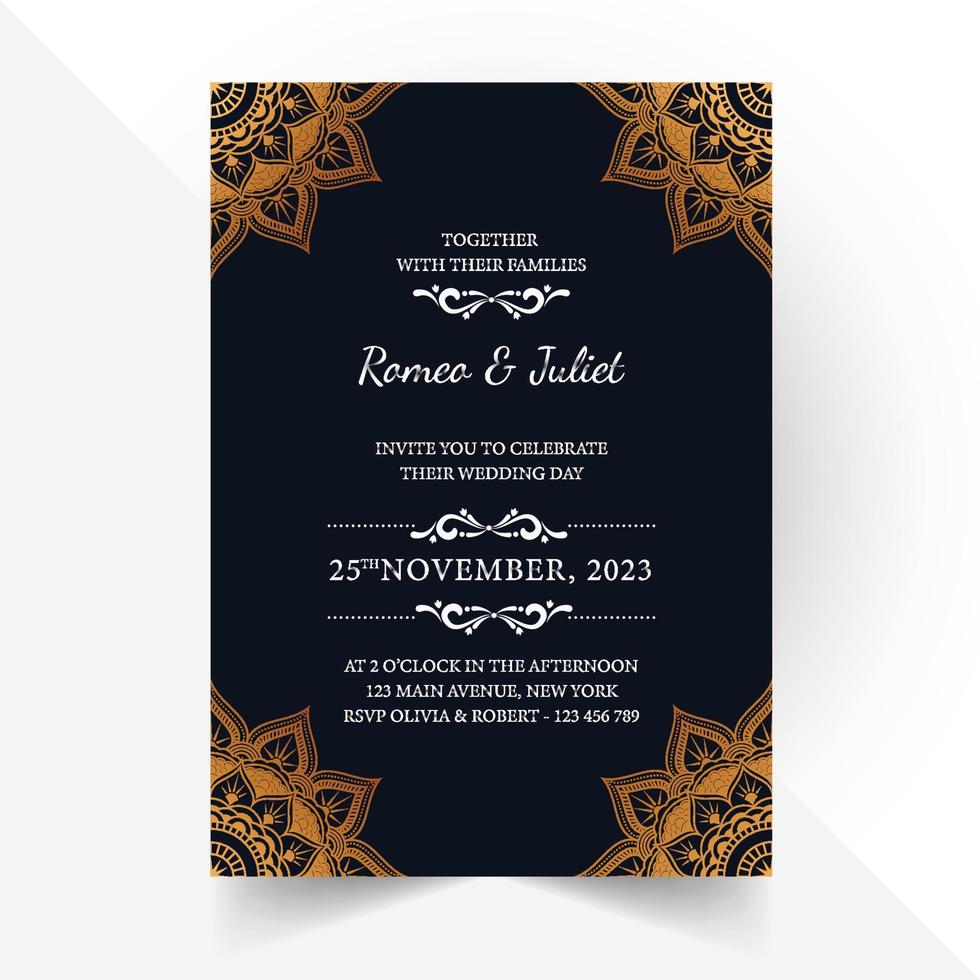 plantilla de diseño de tarjeta de invitación de boda. tipos de plegado de doble cara con mandala floral de lujo vector