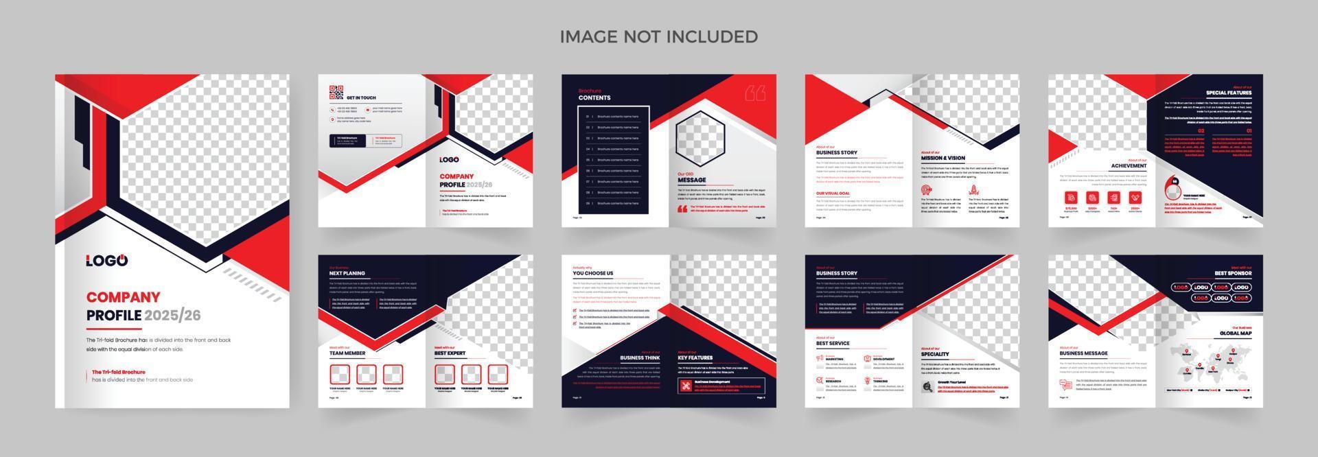 Plantilla de diseño de folleto de negocios corporativos de 16 páginas, color rojo y negro, tema moderno vector