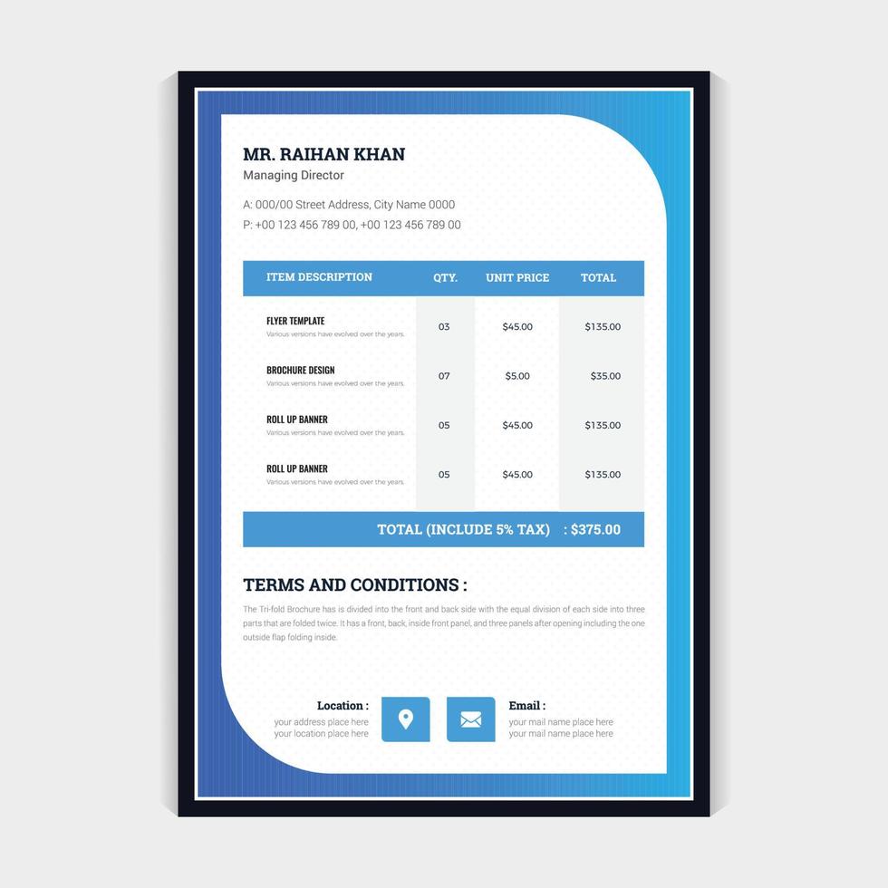 Colorful Invoice Design template. corporate abstract pricing table sheet design layout vector