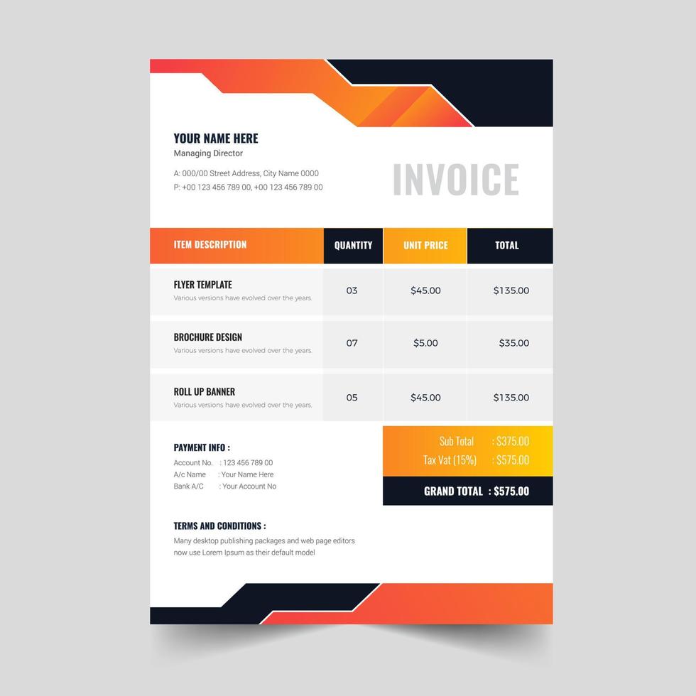 colorful modern inovice or money pay reciept and pricing table layout vector