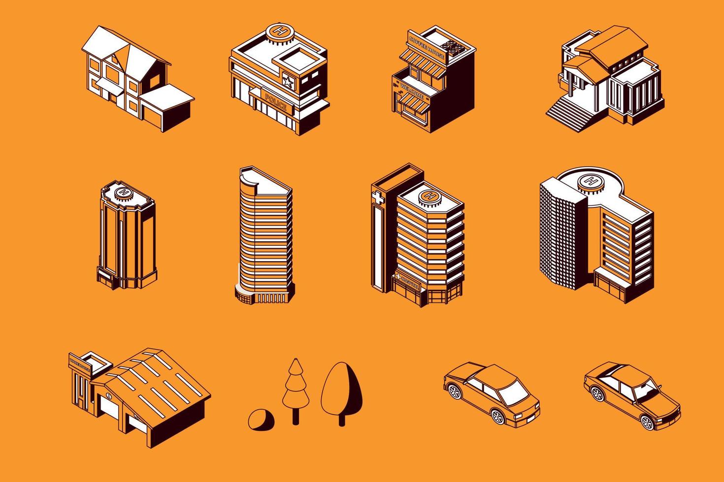 conjunto isométrico de edificios de la ciudad vector