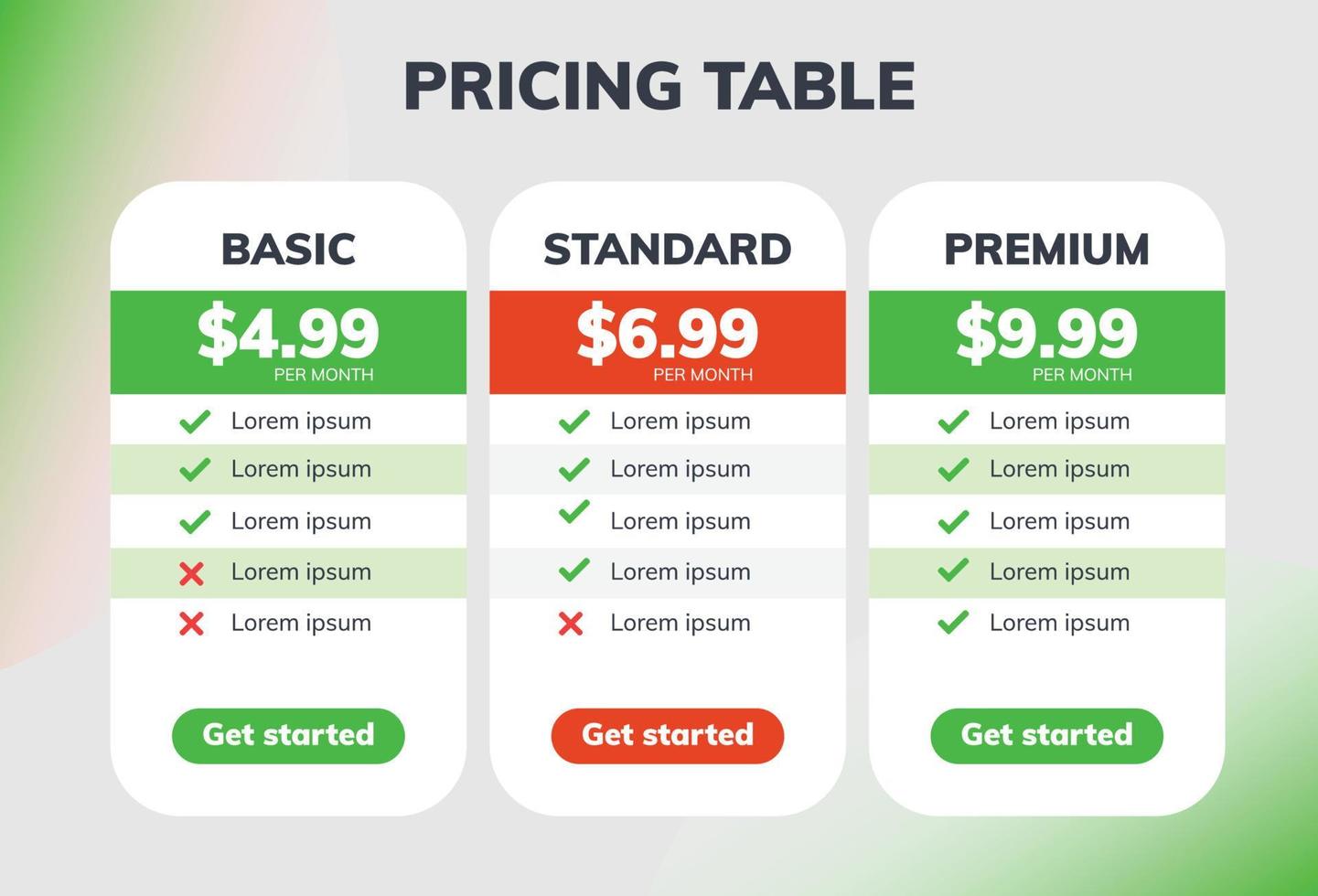 tabla de comparación de precios moderna para tres productos o servicios vector