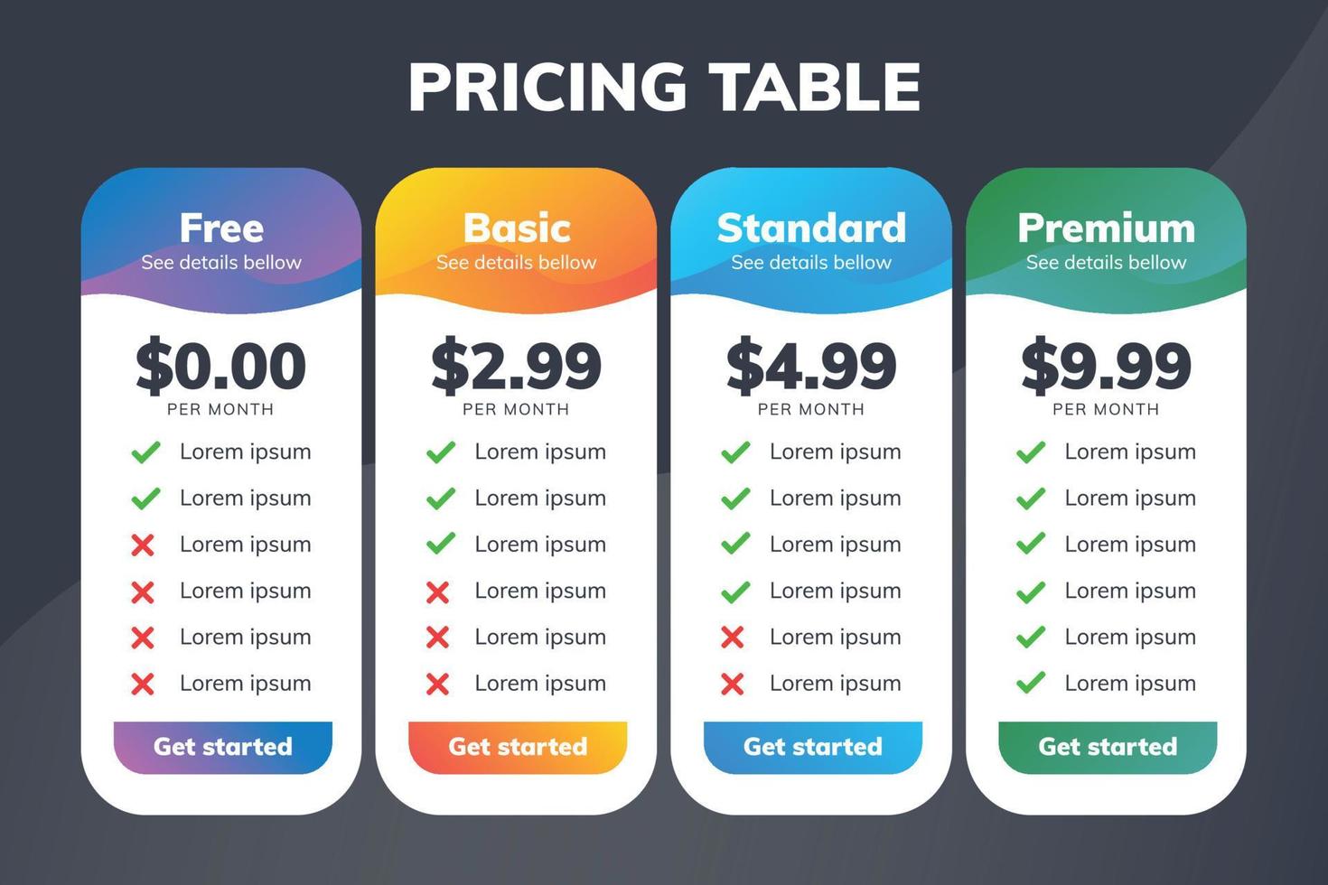 tabla de comparación de precios moderna y creativa para cuatro productos o servicios vector