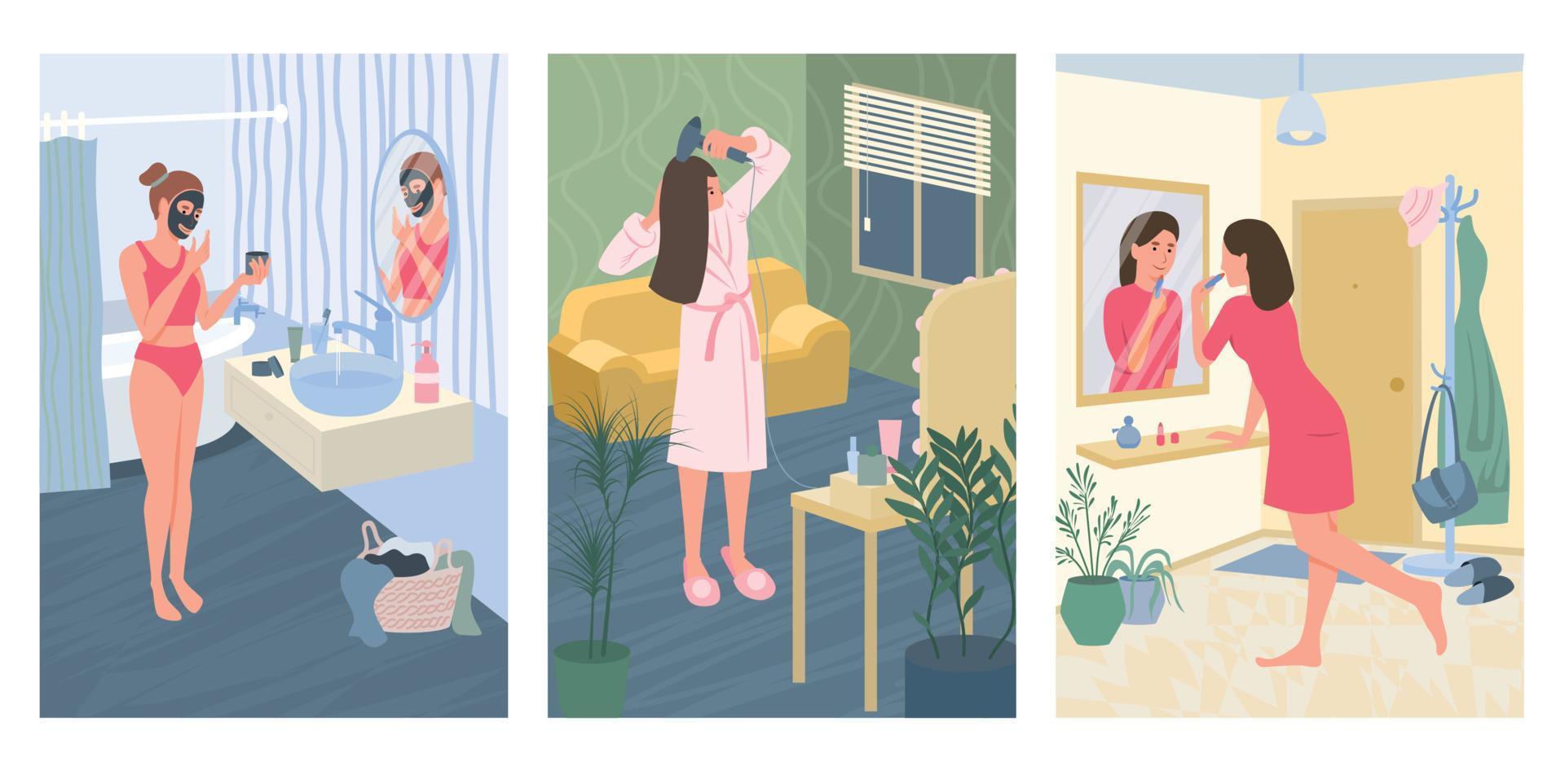 Routine Stay At Home Flat Cards vector