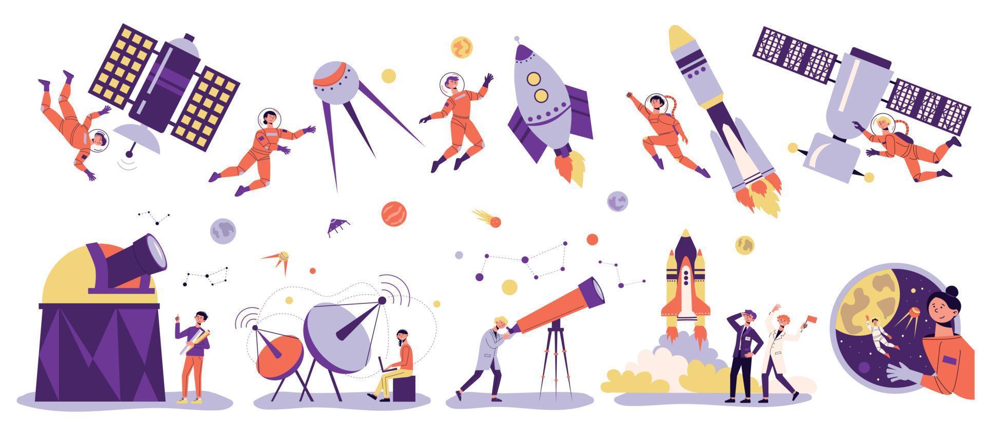 astronomía, espacio, gente, blanco, icono, conjunto vector