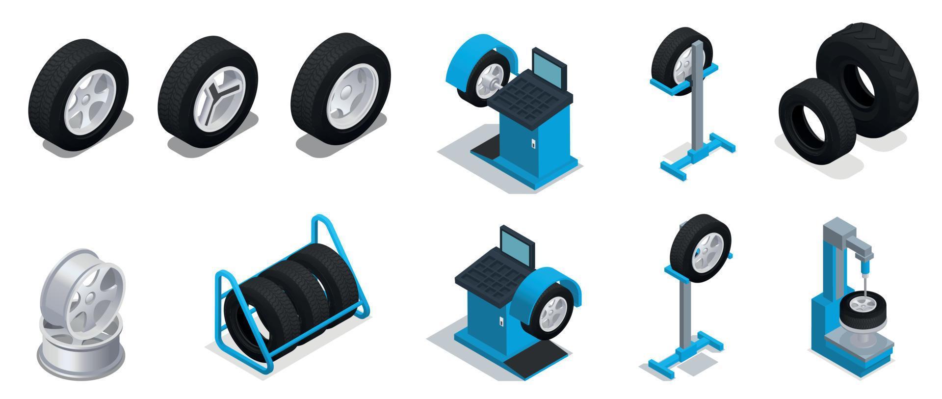 servicio de producción de neumáticos conjunto de iconos de colores e isométricos vector