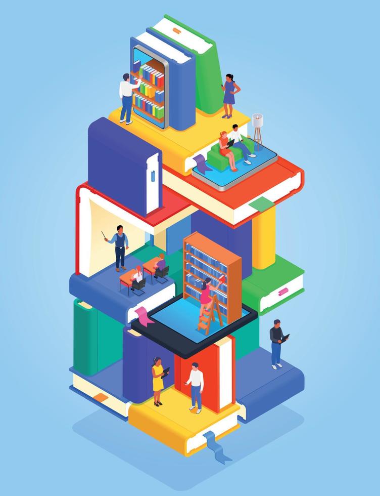 Digital Online Library Isometric Colored Concept vector